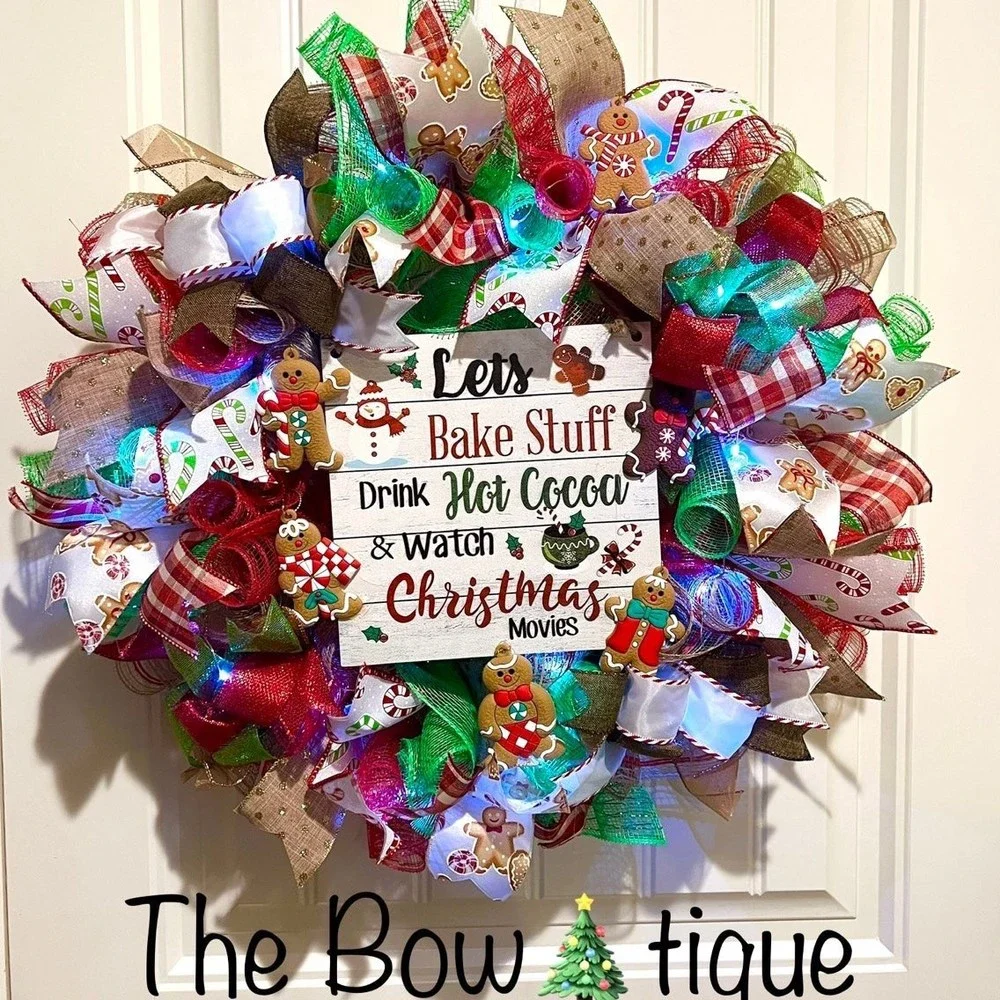 Christmas Gingerbread Man Holiday Ribbon Door Wreath Handmade 22 ins LED W5